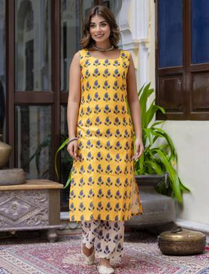 Yellow color cotton blended floral printed partywear suit 4