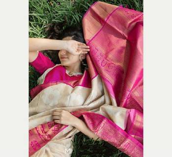Off white pink silk blend banarasi saree with unstitched blouse piece 4