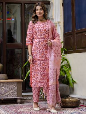 Peach color cotton blended floral printed partywear suit 1