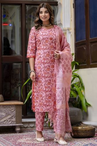 Peach color cotton blended designer floral printed ethnic partywear suit