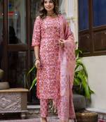Peach color cotton blended designer floral printed ethnic partywear suit