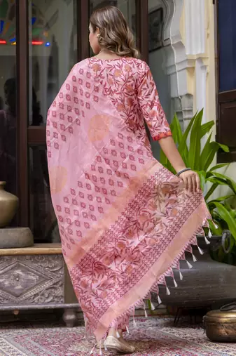 Peach color cotton blended floral printed partywear suit