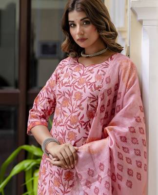 Peach color cotton blended floral printed partywear suit 3