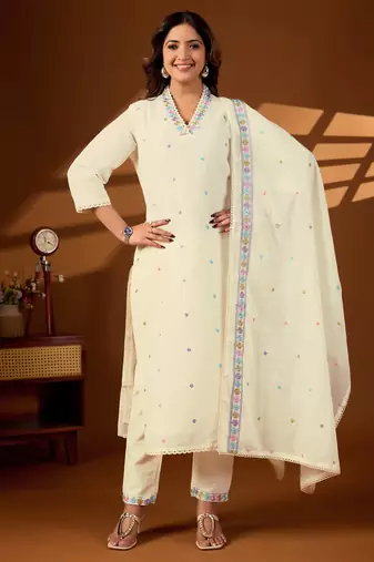 Cream color cotton fabric designer stylish fancy kurta set for girls