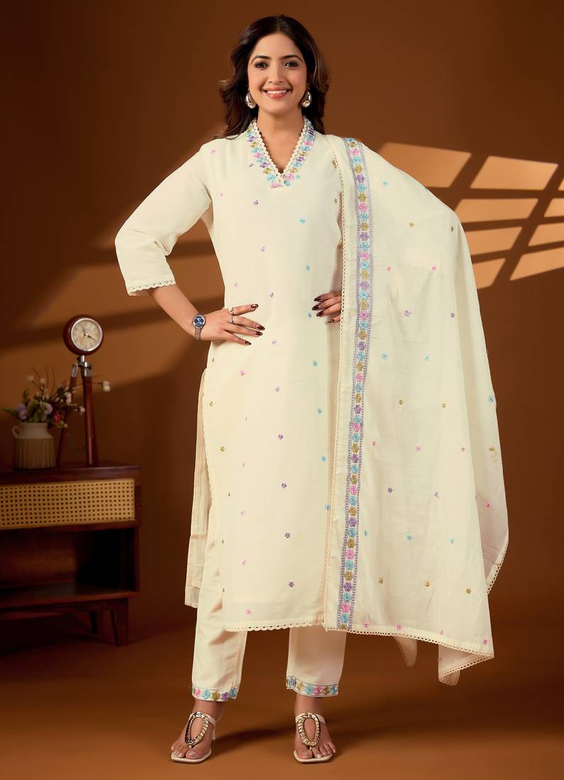 Cream color cotton fabric designer stylish fancy kurta set for girls