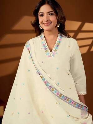 Cream color cotton fabric designer stylish fancy kurta set for girls 3