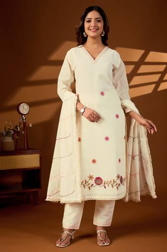 Cream color cotton fabric designer stylish fancy kurta set for girls