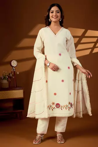 Cream color cotton fabric designer stylish fancy kurta set for girls