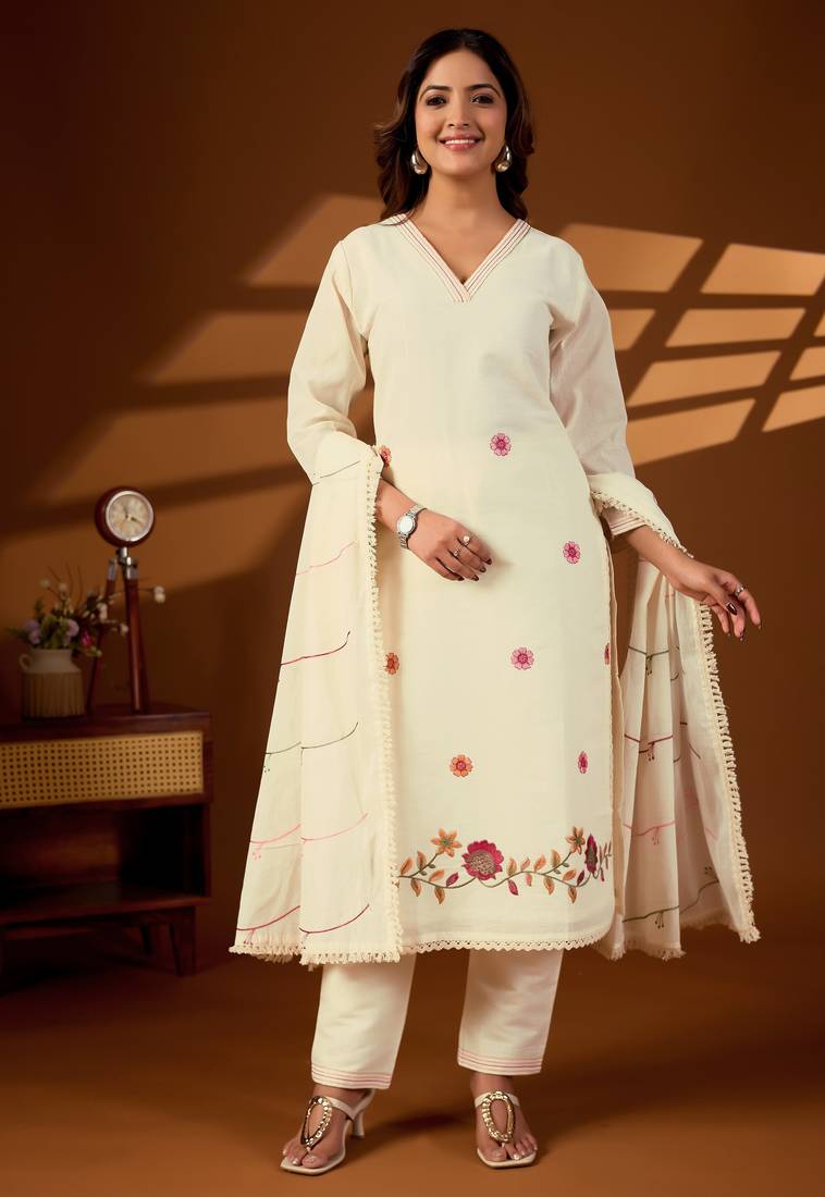 Cream color cotton fabric designer stylish fancy kurta set for girls