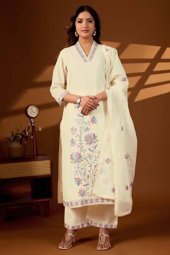 Cream color cotton fabric designer stylish fancy kurta set for girls