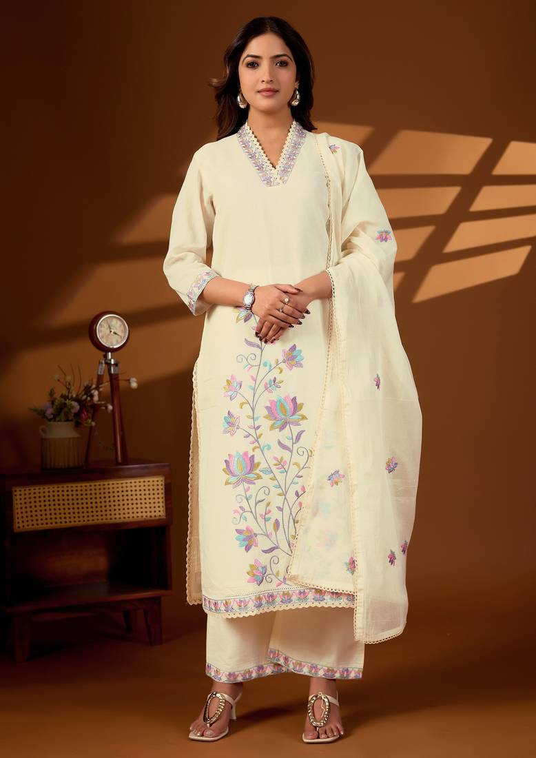 Cream color cotton fabric designer stylish fancy kurta set for girls