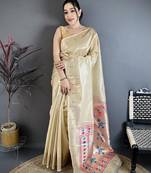 Beige tissue solid zari weaving paithani saree with muniya border