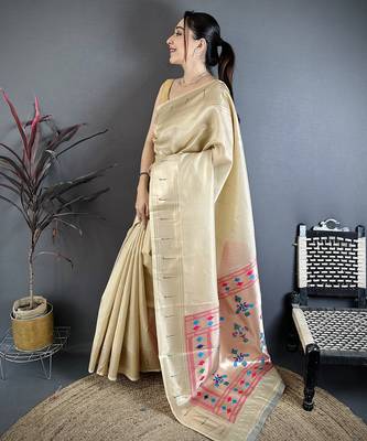 Beige tissue solid zari weaving paithani saree with muniya border 2