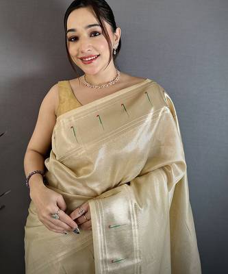 Beige tissue solid zari weaving paithani saree with muniya border 3