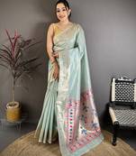 Light blue tissue solid zari weaving paithani saree with muniya border