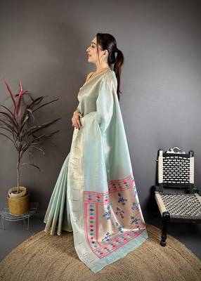 Light blue tissue solid zari weaving paithani saree with muniya border 2