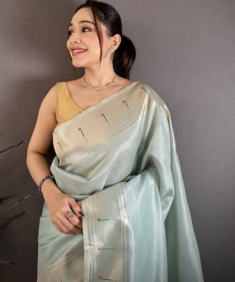 Light blue tissue solid zari weaving paithani saree with muniya border 3
