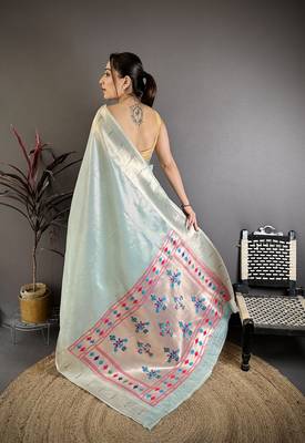 Light blue tissue solid zari weaving paithani saree with muniya border 4