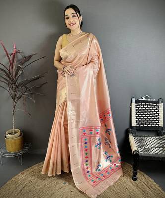 Peach tissue solid zari weaving paithani saree with muniya border 1