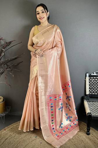Peach tissue solid zari weaving paithani saree with muniya border