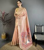 Peach tissue solid zari weaving paithani saree with muniya border