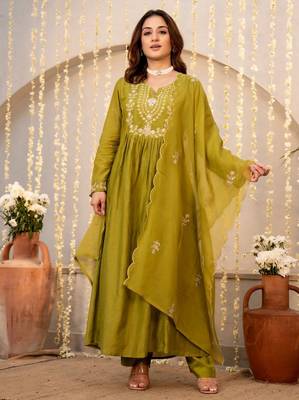 Mahendi color chanderi stylish fancy kurta set for girls 1