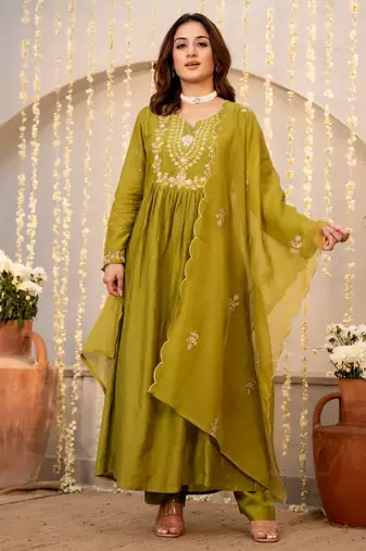 Mahendi color chanderi fabric designer stylish fancy kurta set for girls