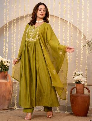 Mahendi color chanderi stylish fancy kurta set for girls 2