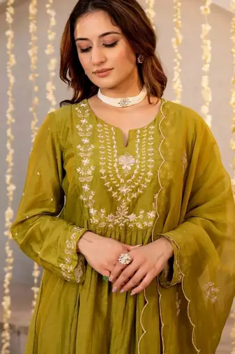 Mahendi color chanderi stylish fancy kurta set for girls