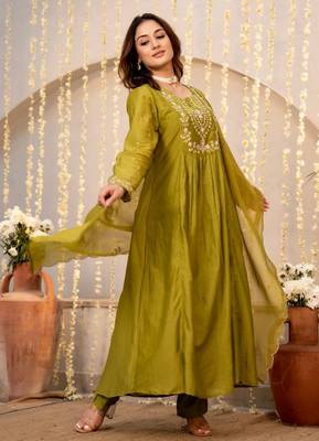 Mahendi color chanderi stylish fancy kurta set for girls 4