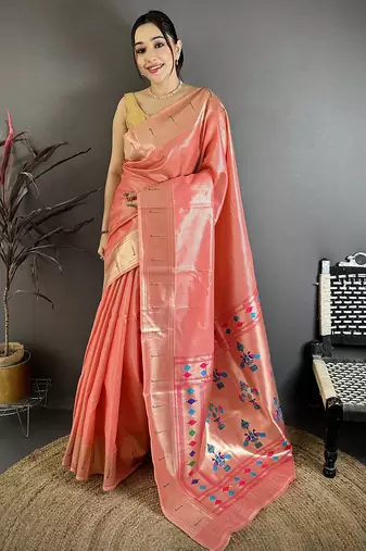 Pink tissue solid zari weaving paithani saree with muniya border