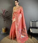 Pink tissue solid zari weaving paithani saree with muniya border