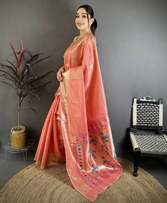 Pink tissue solid zari weaving paithani saree with muniya border 2