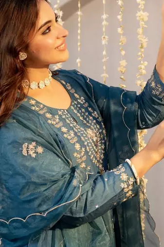 Teal color chanderi stylish fancy kurta set for girls