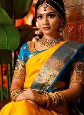 Yellow rama silk blend banarasi saree with unstitched blouse piece 5