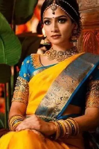 Yellow rama silk blend banarasi saree with unstitched blouse piece