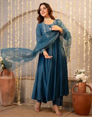 Teal color chanderi stylish fancy kurta set for girls 4