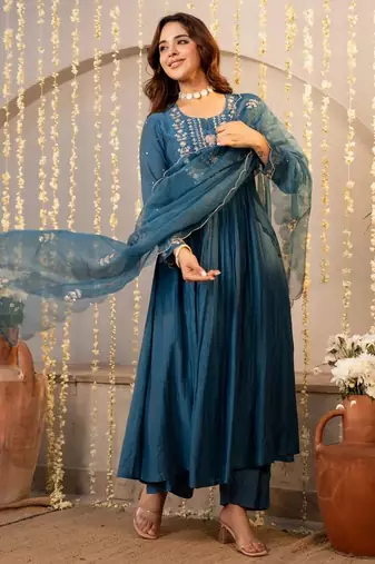 Teal color chanderi stylish fancy kurta set for girls