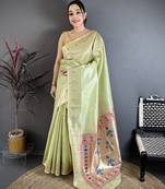 Light green tissue solid zari weaving paithani saree with muniya border