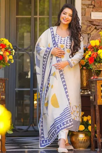 Cream color muslin stylish fancy kurta set for girls