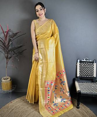 Golden yellow tissue solid zari weaving paithani saree with muniya border 1