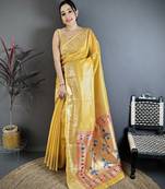Golden yellow tissue solid zari weaving paithani saree with muniya border