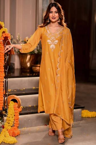 Mustard color mal chanderi fabric designer stylish fancy kurta set for girls