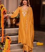 Mustard color mal chanderi fabric designer stylish fancy kurta set for girls