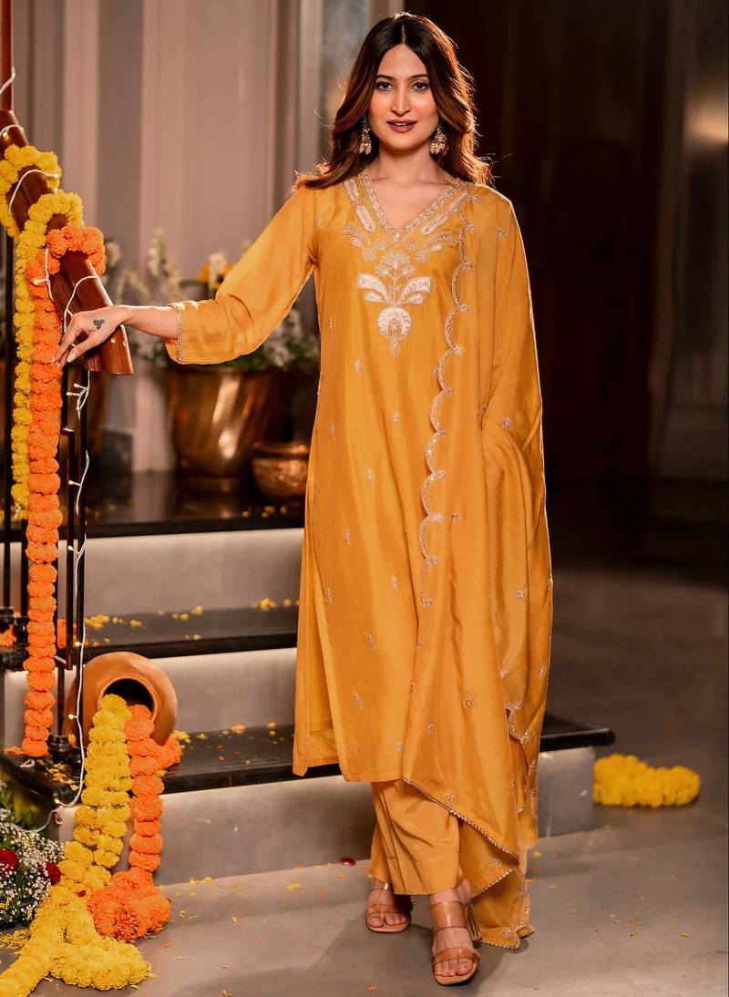 Mustard color mal chanderi fabric designer stylish fancy kurta set for girls