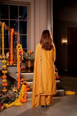 Mustard color mal chanderi stylish fancy kurta set for girls 2