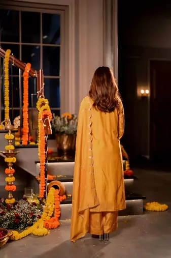 Mustard color mal chanderi stylish fancy kurta set for girls