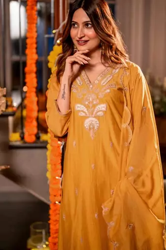 Mustard color mal chanderi stylish fancy kurta set for girls