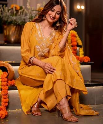 Mustard color mal chanderi stylish fancy kurta set for girls 4