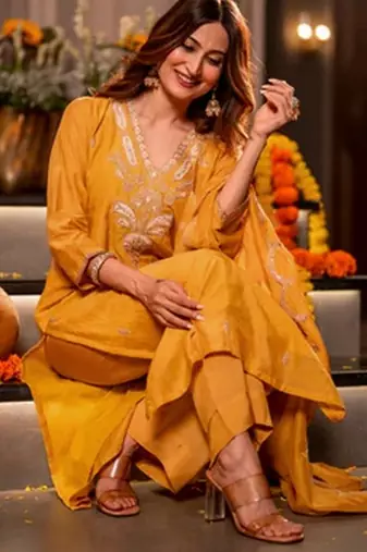 Mustard color mal chanderi stylish fancy kurta set for girls